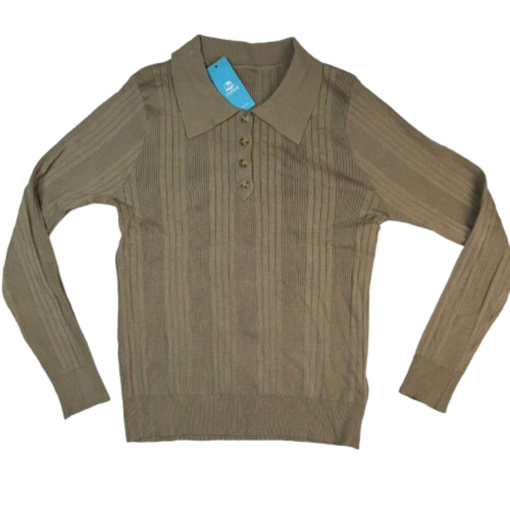 Cupshe Beige Ribbed Knit Collared Button Front Sweater Women's Medium NWT